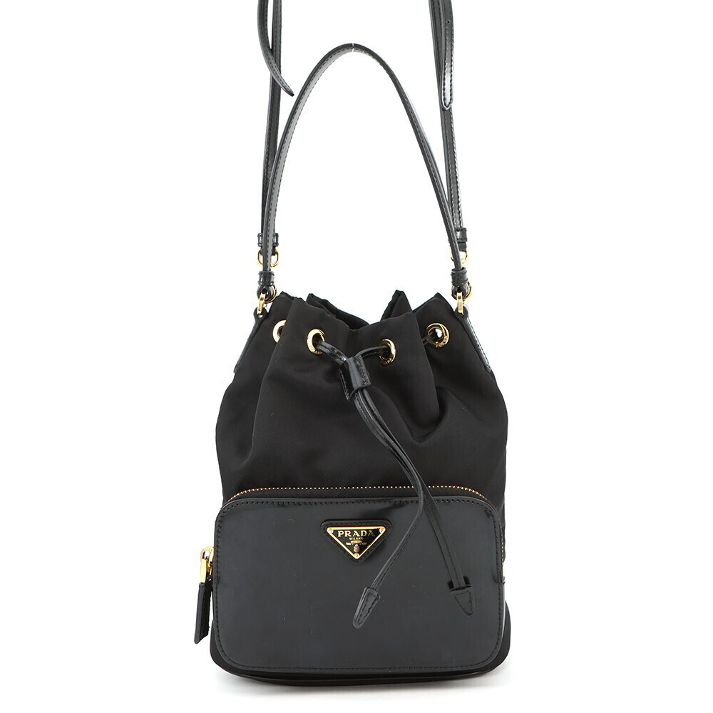 Prada Duet Drawstring Patent Vernis Leather Handbag Black Bag